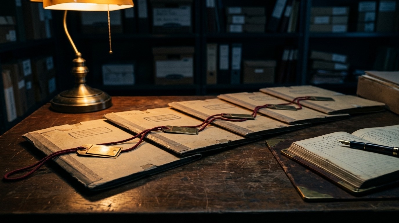 Five sealed case folders in a row on an archive desk under a brass lamp, each fastened with a brass tag, and one unbroken red cord running through every tag from the first folder to the last.