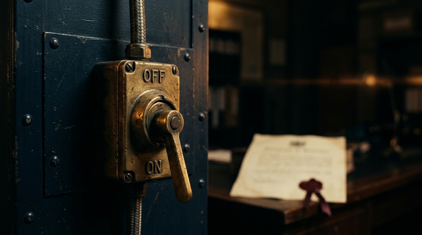 A heavy brass isolator switch on a dark steel panel, thrown to the off position, with a sealed document out of focus behind it.