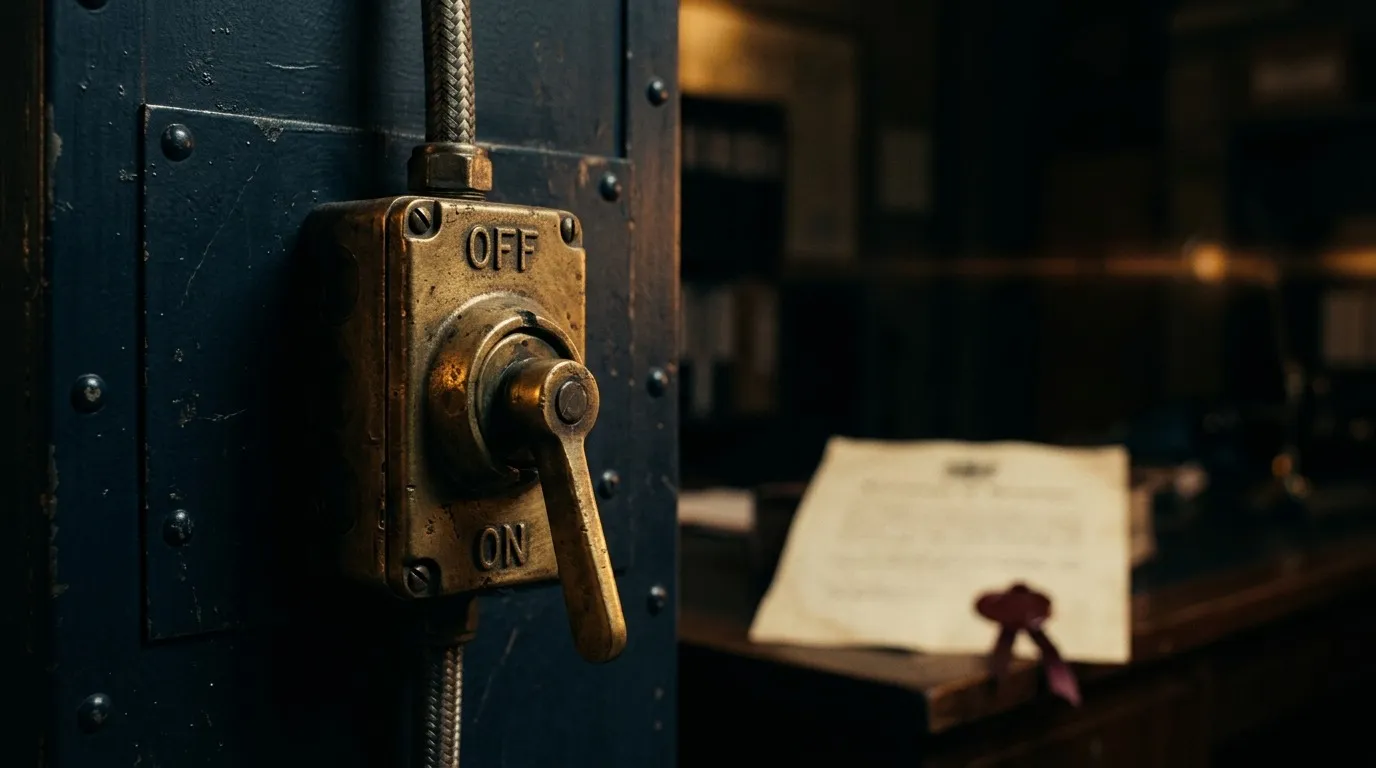 A heavy brass isolator switch on a dark steel panel, thrown to the off position, with a sealed document out of focus behind it.